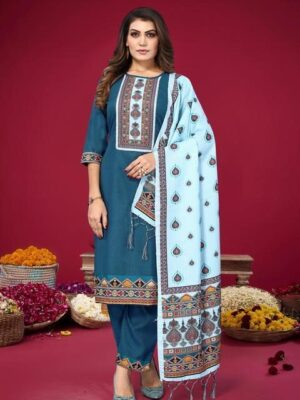 Floral Yoke Design Straight Sequinned Pure Cotton Kurta with Trousers & Dupatta